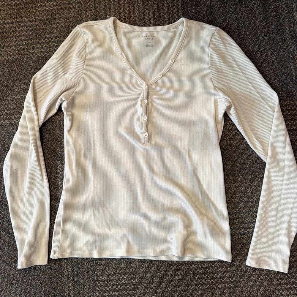 American Eagle Outfitters Cream Long Sleeve Henley